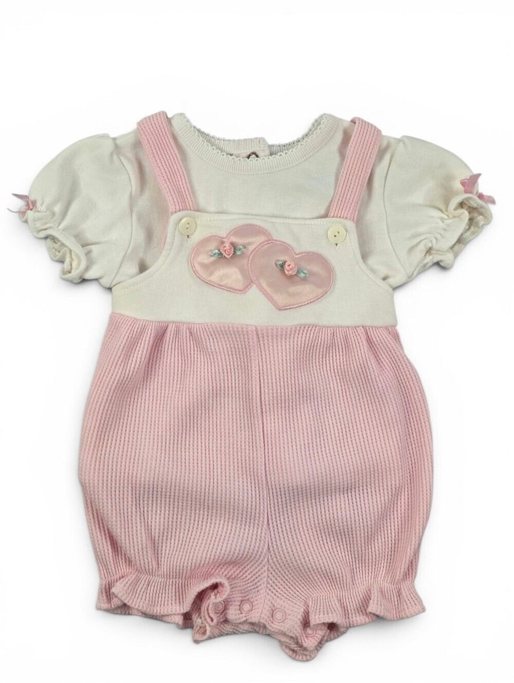 Vintage Sesame Street Baby Girl Pink Hearts Waffle Knit Bubble Romper Set 6-9M